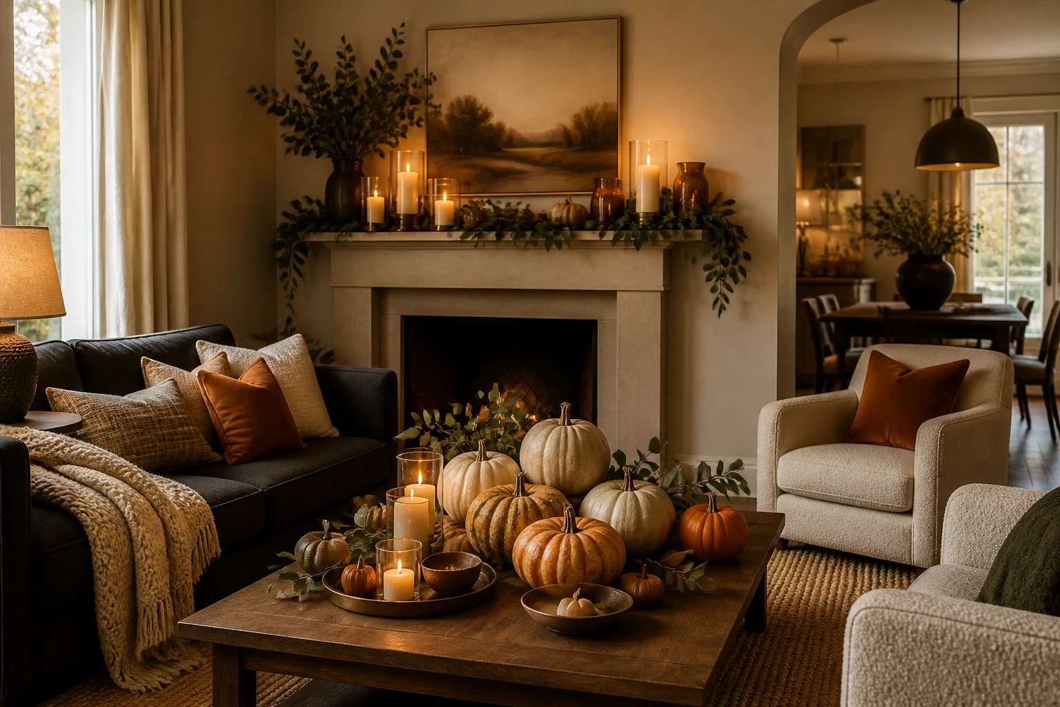 Thanksgiving living room with cream and orange cushions, knit throws, and a pumpkin-filled wood coffee table
