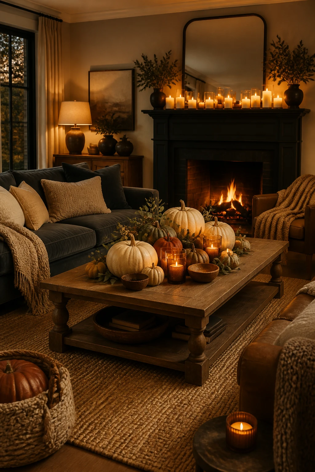 Thanksgiving decor ideas with white, green, and orange pumpkins and amber candles on a living room coffee table