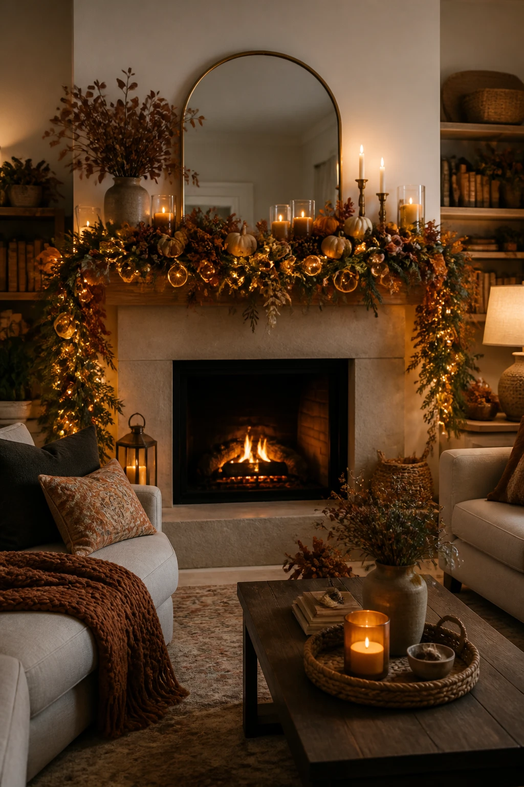 Fall mantel garland with greenery, dried orange slices, small cream pumpkins, and warm lights beneath an arched mirror
