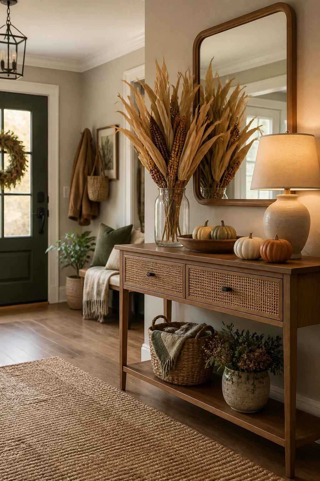 Cane-front entryway console with corn-husk stems, pumpkins, a ceramic lamp, and a wood-framed mirror