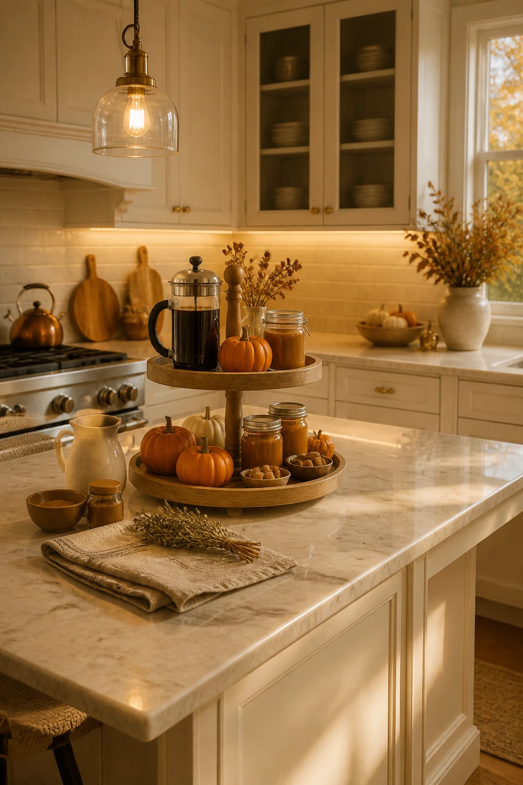 Two-tier wooden tray with mini pumpkins and coffee essentials on a cream kitchen island