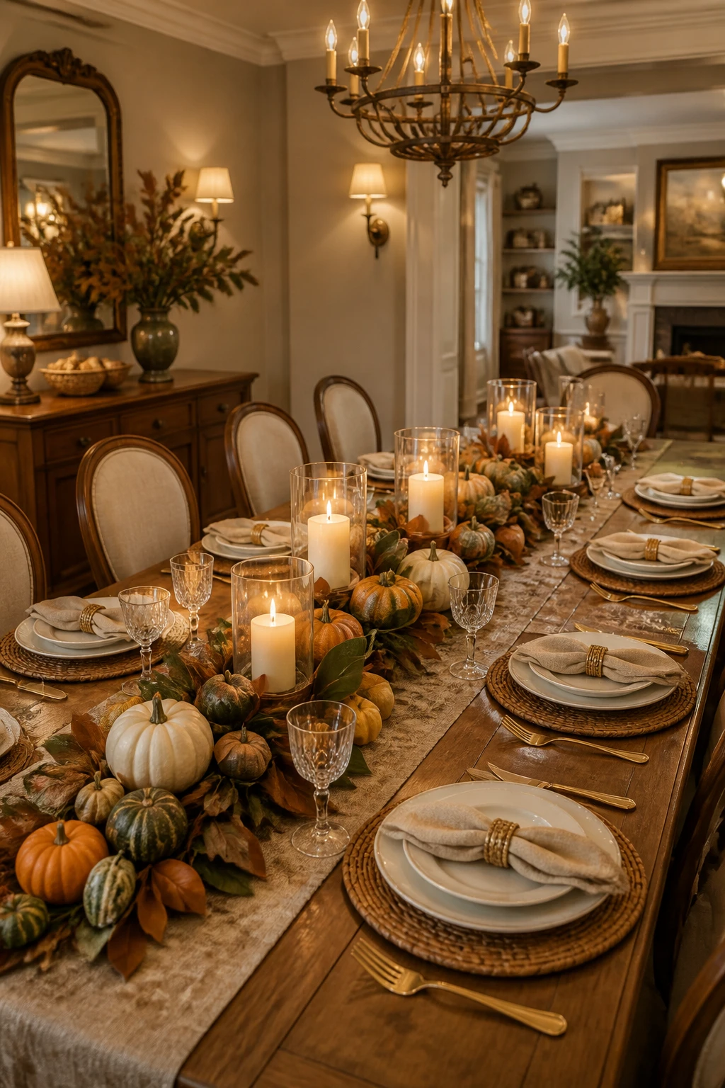 Thanksgiving table with a linen runner, pumpkins, greenery, woven placemats, and white plates