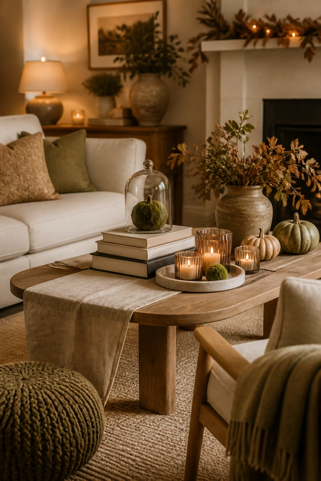 Oval coffee table with a pumpkin under a glass cloche, amber candles, and a vase of autumn branches