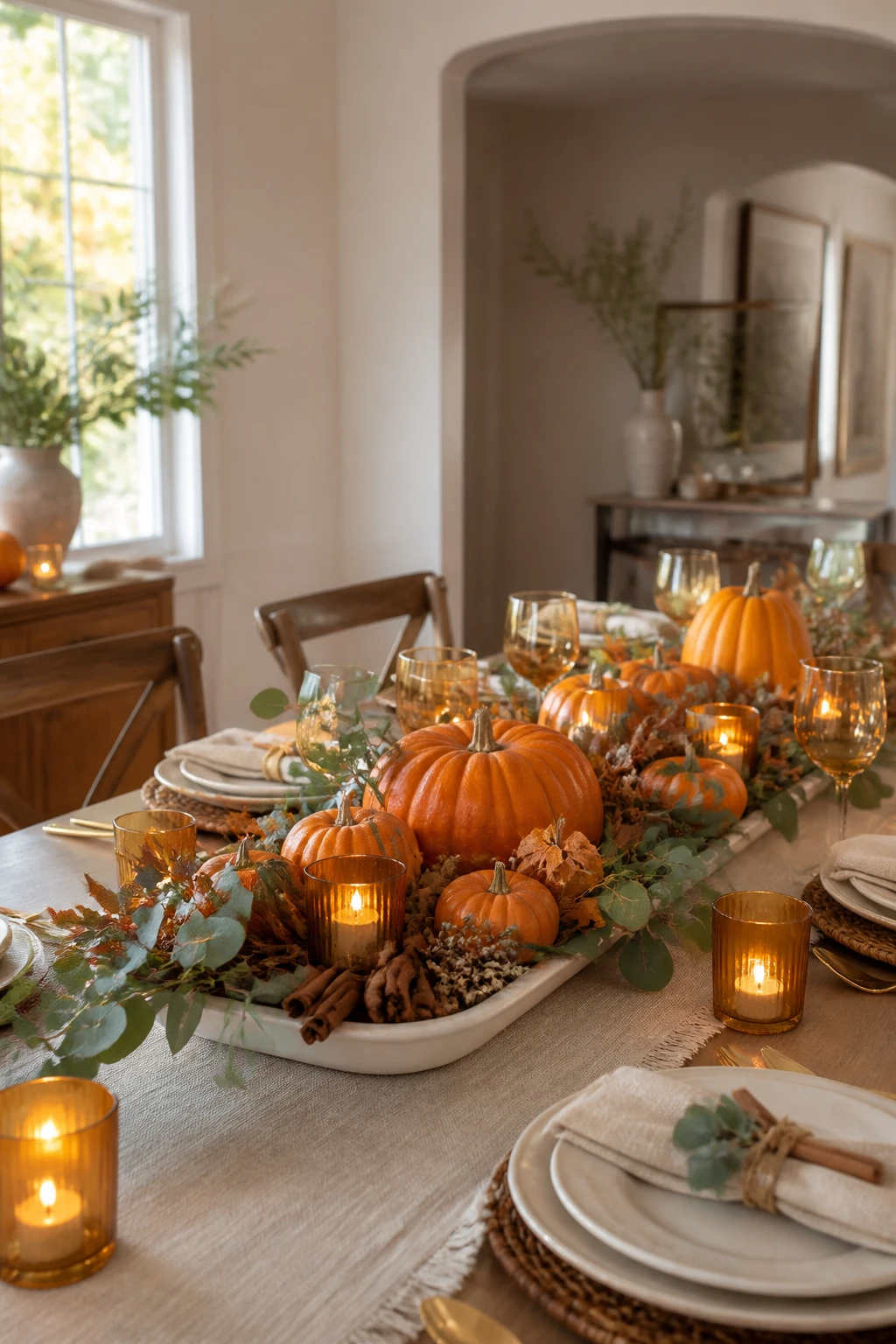 Thanksgiving centerpiece ideas with orange pumpkins, eucalyptus, and amber votives on a long dining table