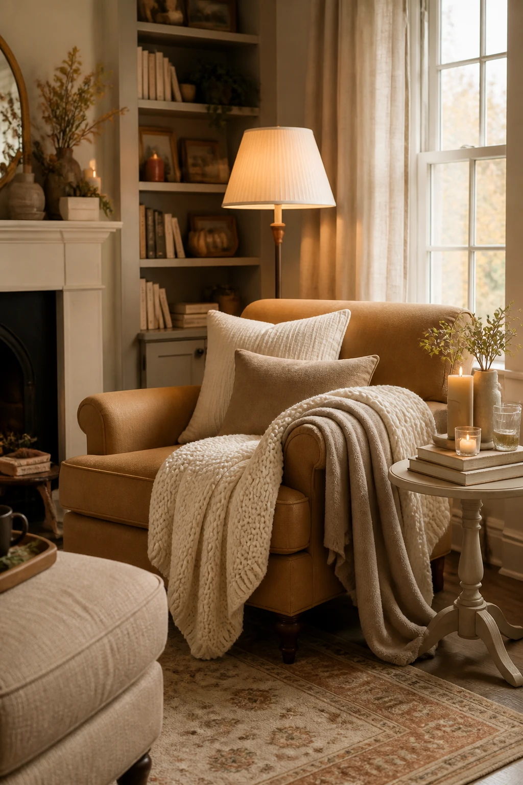 Camel reading chair with cream knit blankets beside a small table and a pleated floor lamp