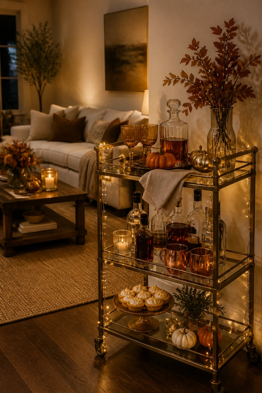 Brass and glass bar cart with amber goblets, copper mugs, mini pumpkins, and autumn branches
