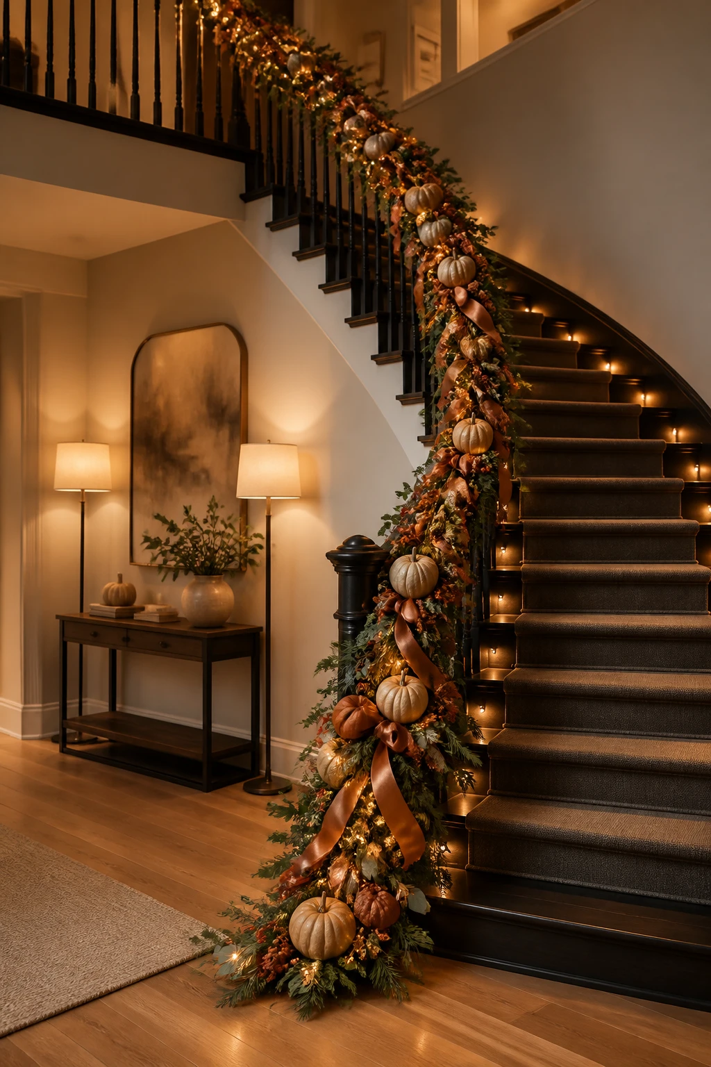 Curved dark staircase decorated with greenery, cream pumpkins, copper ribbon, and warm lights