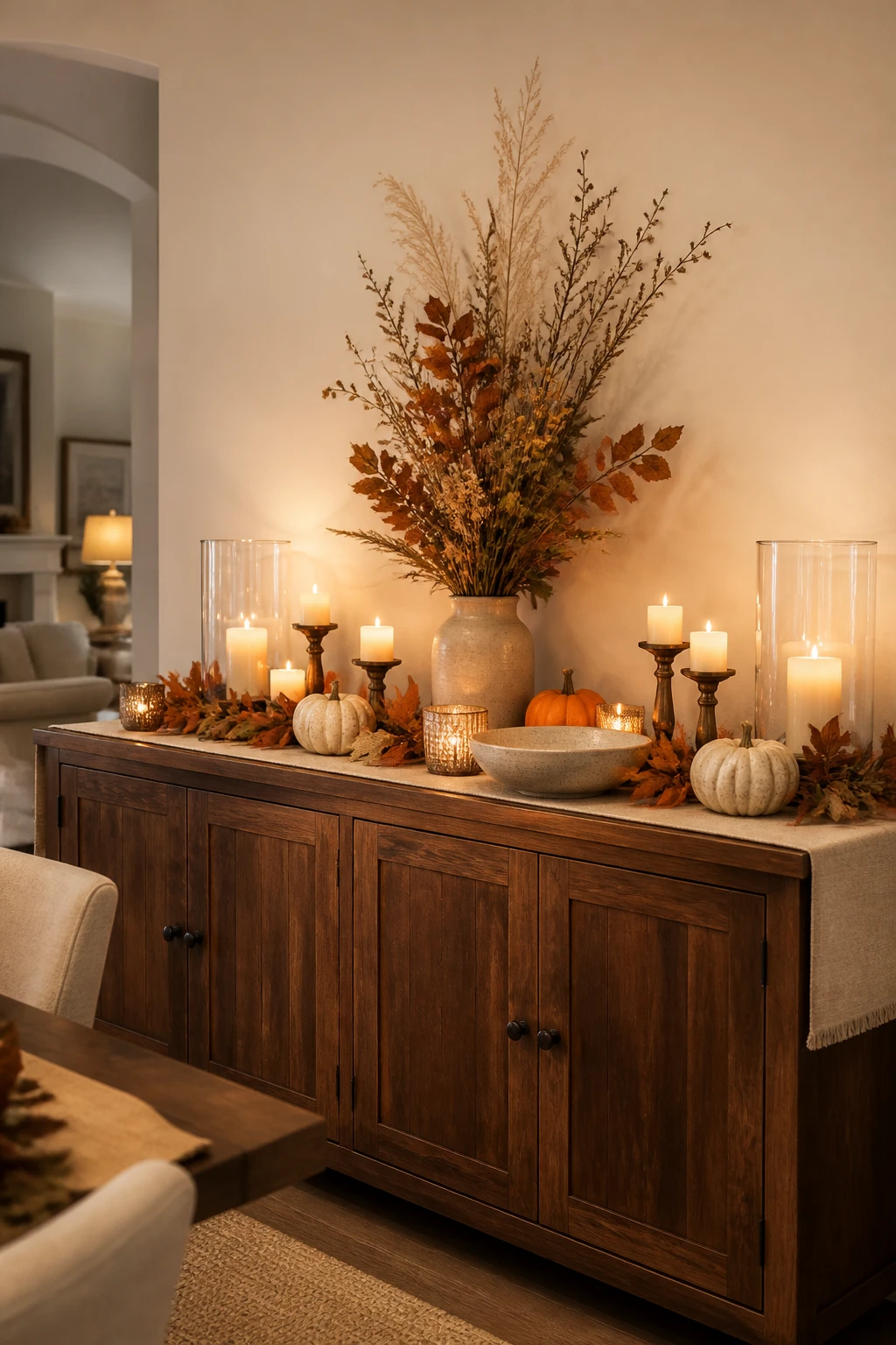 Dark wood sideboard with a linen runner, dried autumn stems, pumpkins, and brass candleholders