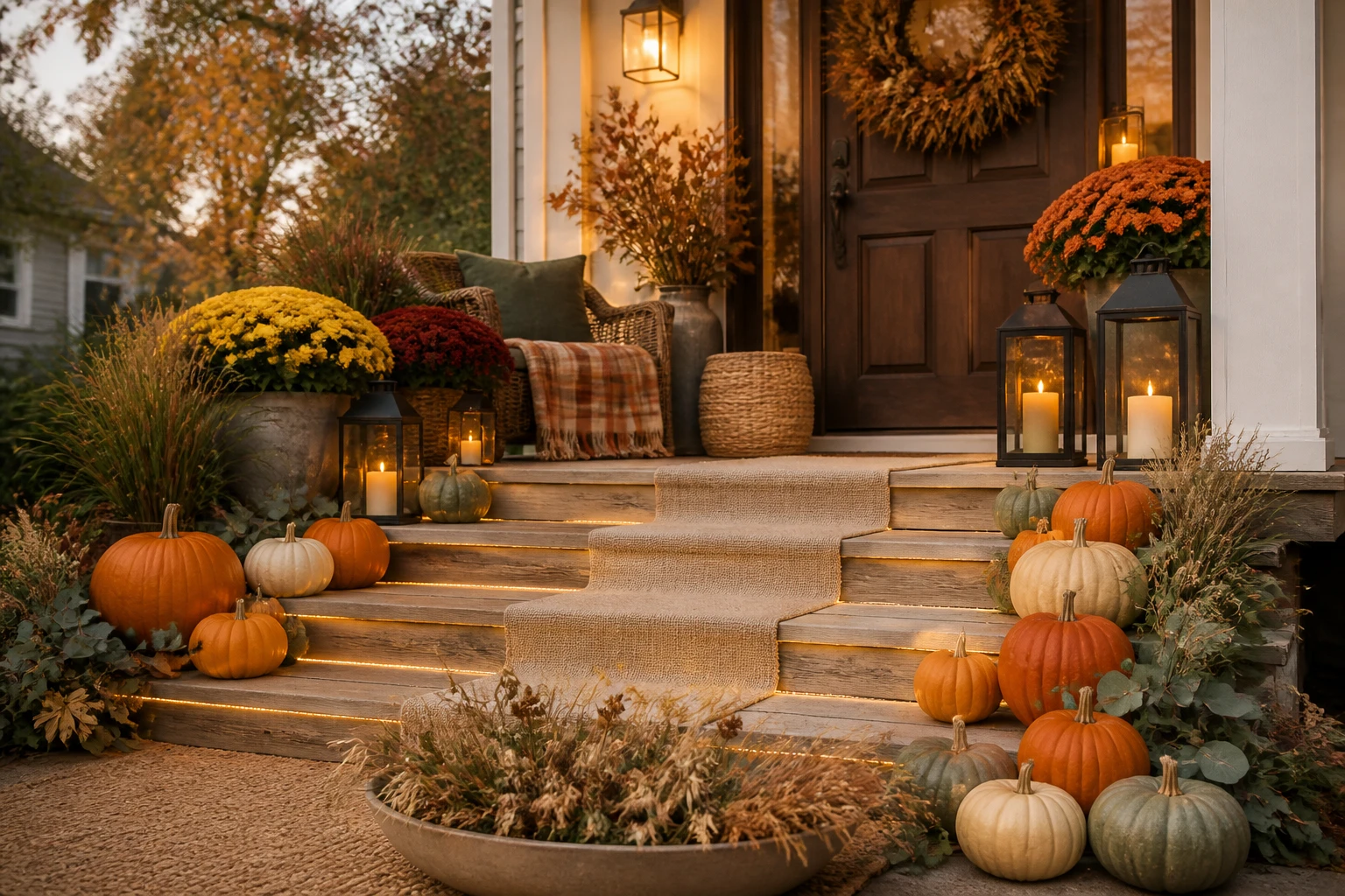 Thanksgiving front porch decorating ideas with pumpkins, fall mums, lanterns, rustic wreath, greenery, and warm harvest porch decor