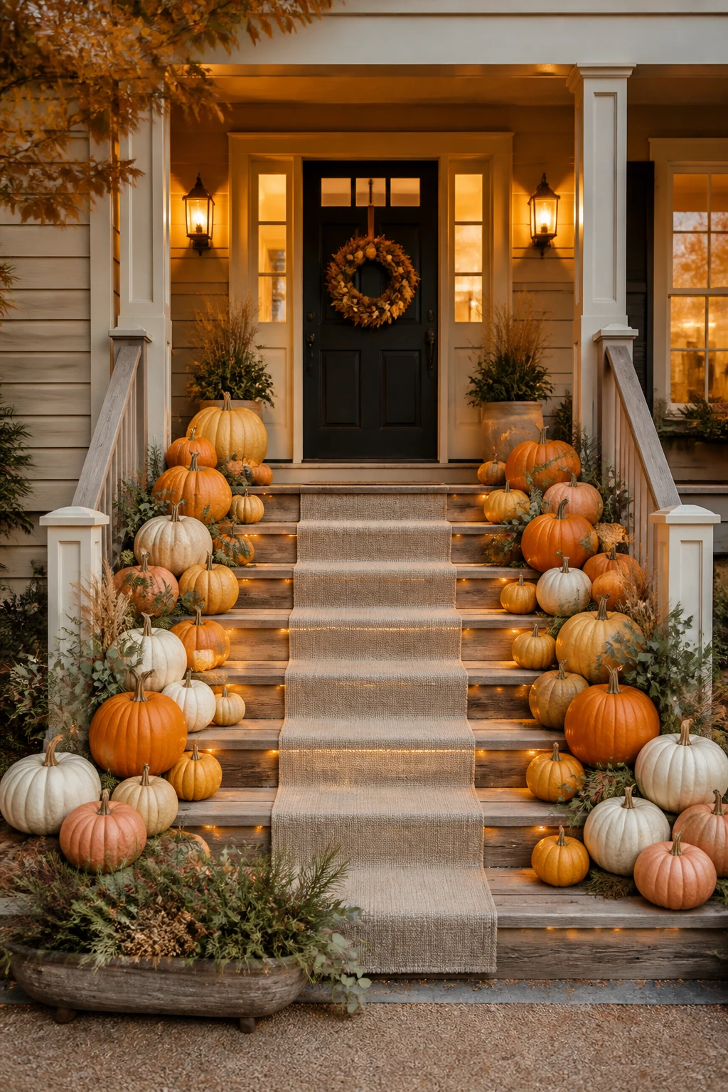 Thanksgiving front porch decorating ideas with pumpkin-lined steps, warm lanterns, dried grasses, and a simple fall doormat