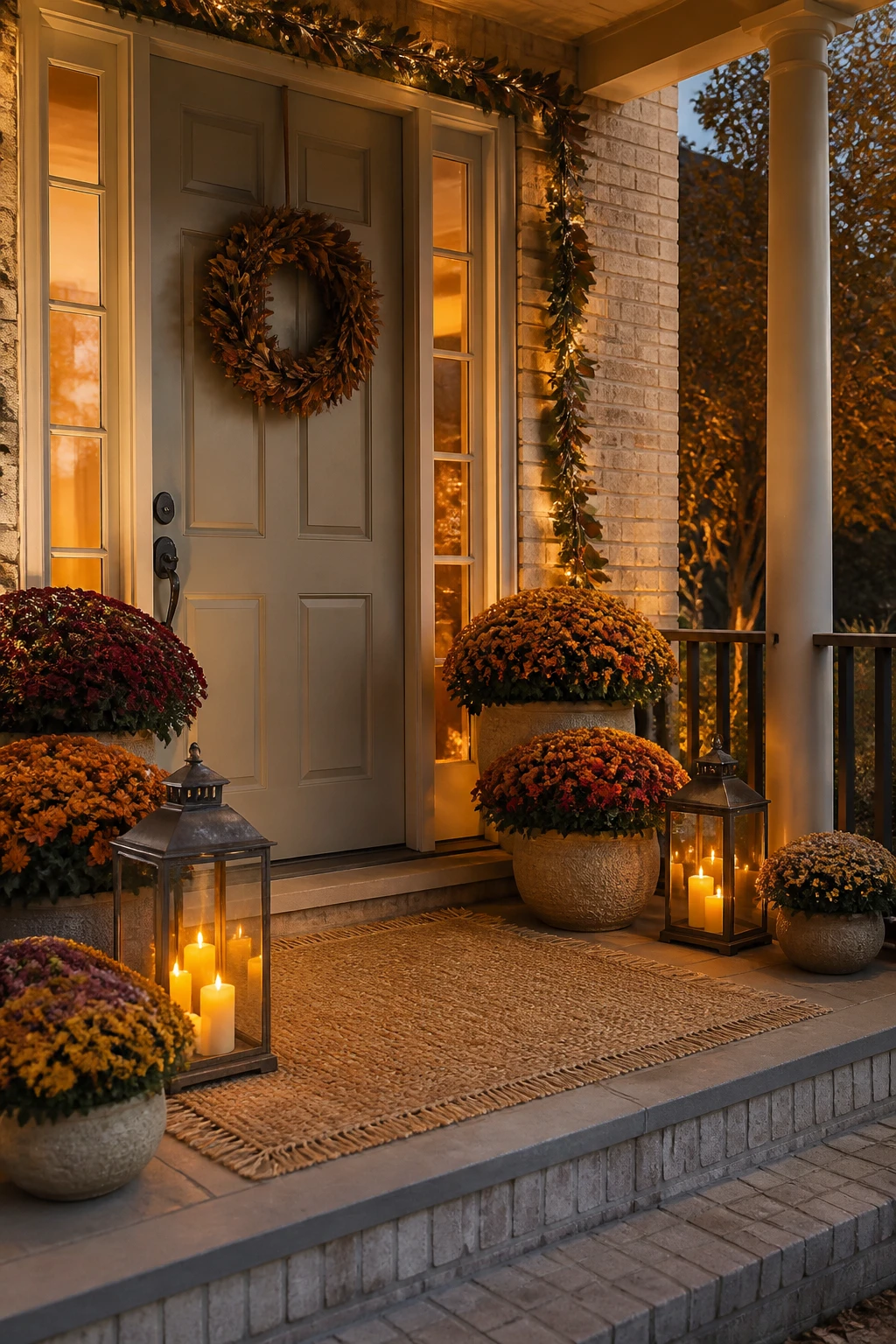 Fall mums in orange, yellow, and burgundy arranged beside glowing lanterns on a welcoming Thanksgiving porch