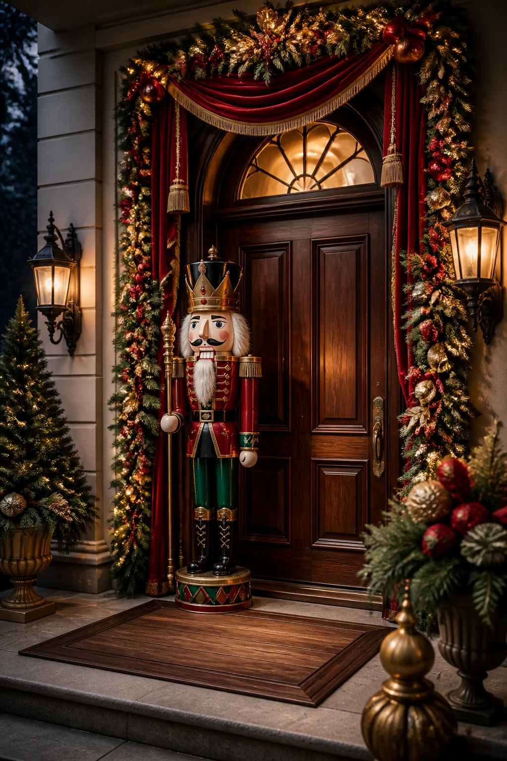 Tall red-and-gold nutcracker beside a dark wood door framed with lit garland, red ornaments, and draped ribbon.