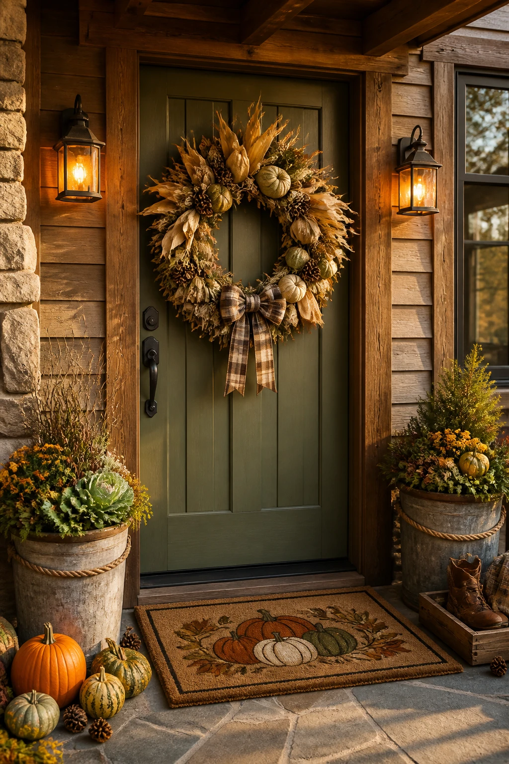 Rustic harvest wreath with dried wheat, burlap ribbon, pinecones, pumpkins, and warm fall porch accents