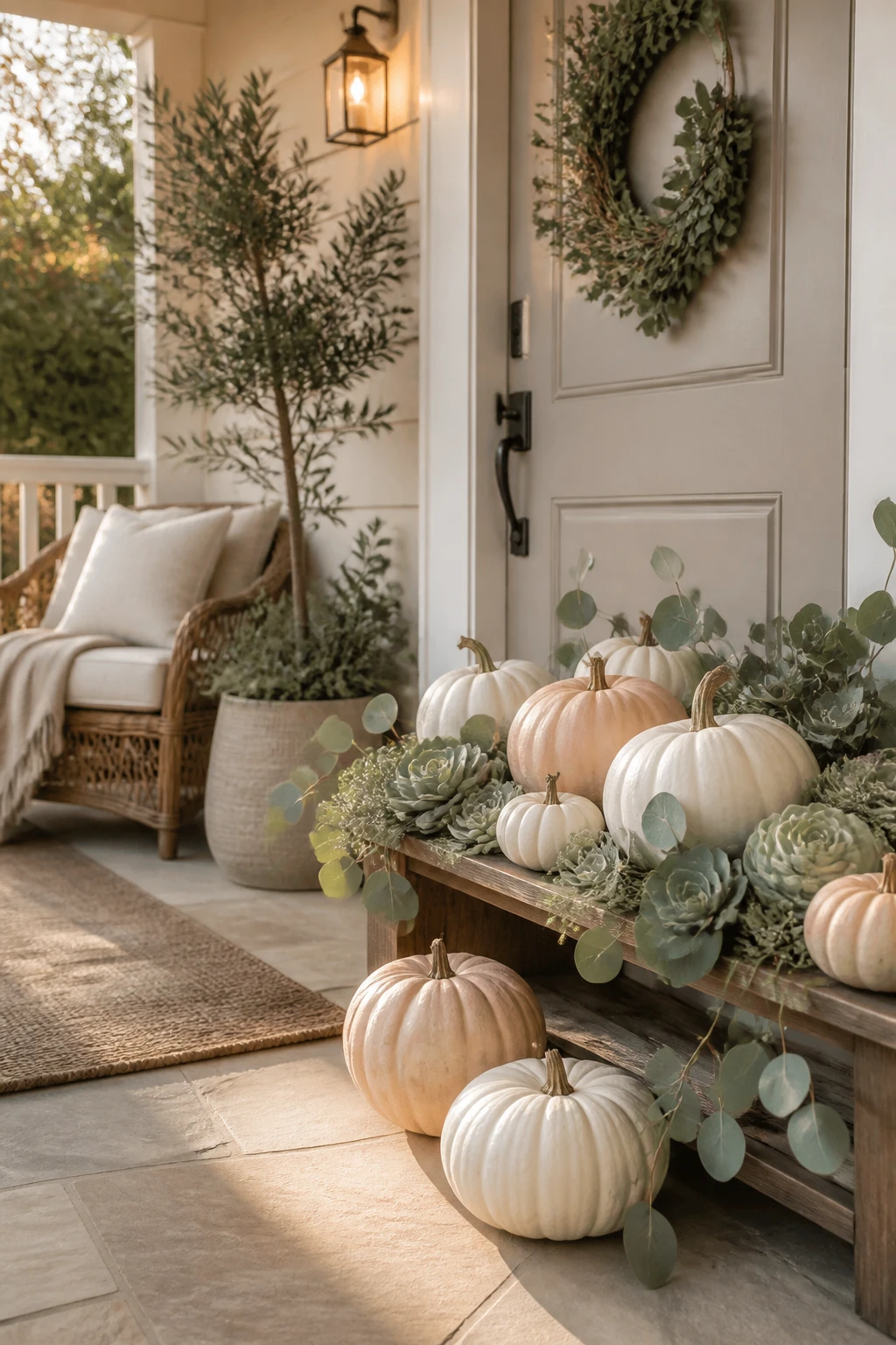 Neutral Thanksgiving porch with cream pumpkins, eucalyptus greenery, woven textures, lanterns, and soft outdoor seating