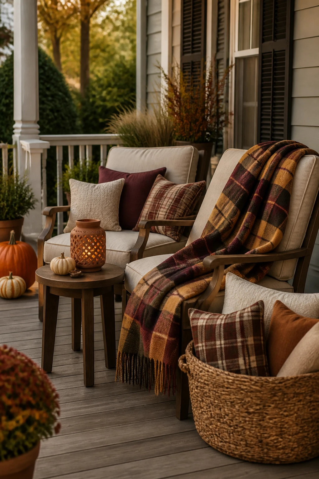 Front porch seating area with plaid throw blanket, woven basket, fall pillows, pumpkins, and warm seasonal lighting