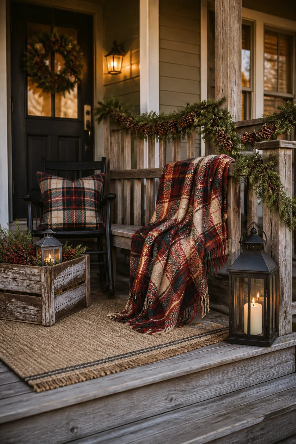Porch chair draped in a red plaid blanket beside a plaid cushion, pine garland, wooden crate, and black lantern.