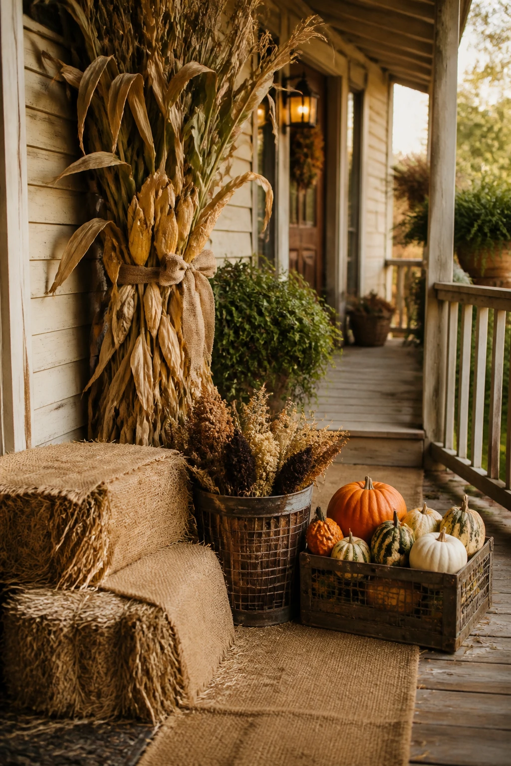 Rustic Thanksgiving porch display with tall cornstalks, hay bales, pumpkins, gourds, crates, and warm mini lights