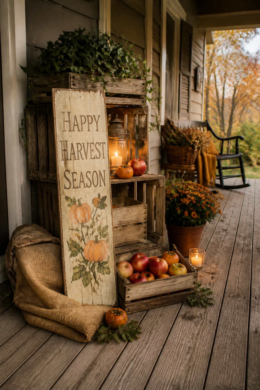 Vintage harvest porch decor with stacked wooden crates, fall sign, apples, pumpkins, lantern, and natural greenery