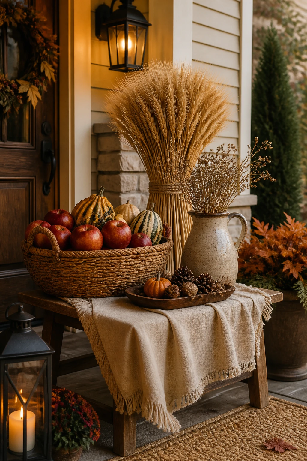 Apple basket and wheat sheaf Thanksgiving porch display with woven basket, red apples, gourds, dried stems, and rustic accents