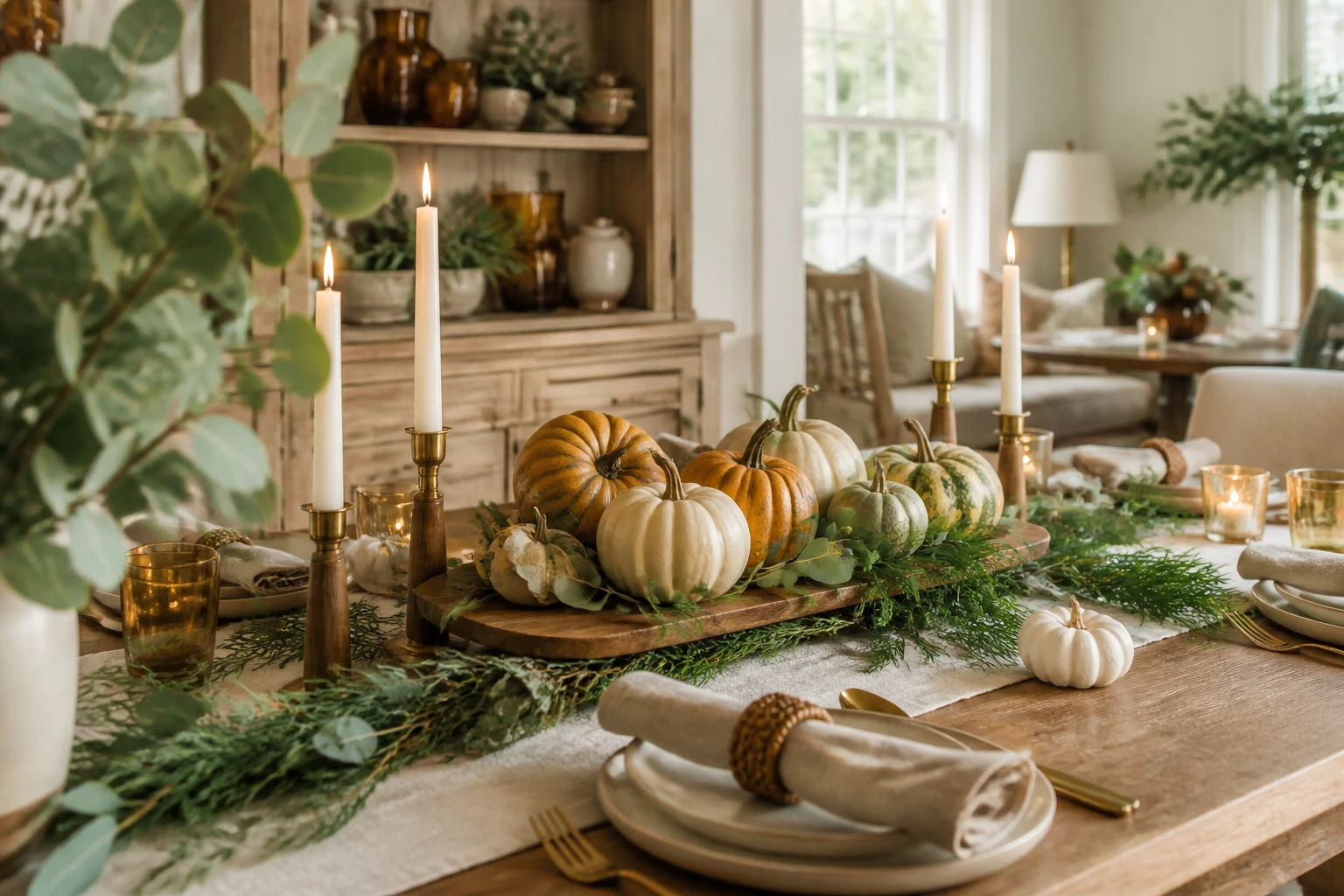 Thanksgiving table with a cream runner, green and ivory pumpkins, leafy greenery, gold-toned candleholders, and neutral place settings