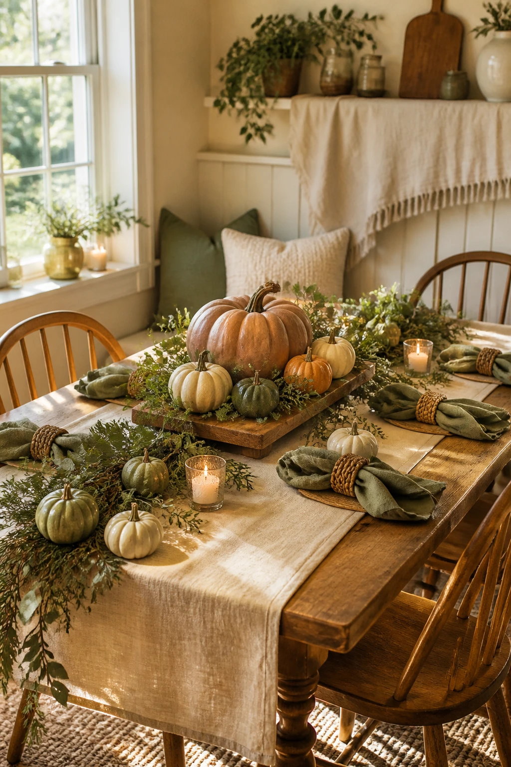 Rustic wood dining table with a cream runner, orange and green pumpkins, sage napkins, greenery, and votive candles