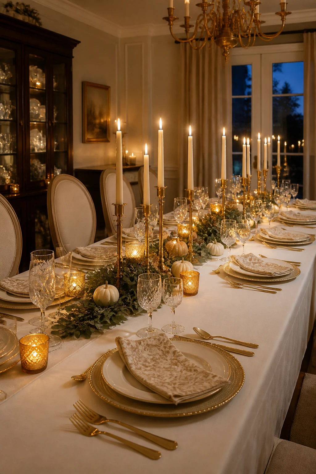 Long Thanksgiving table with white linens, gold-toned chargers and flatware, tall taper candles, greenery, and amber votives