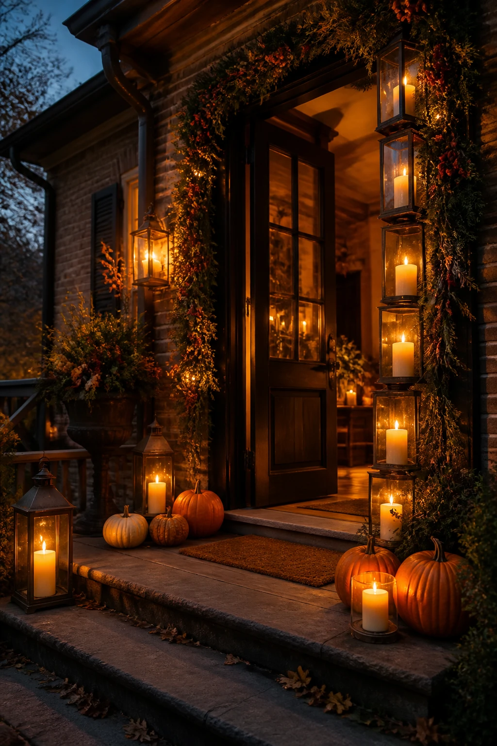 Candlelit Thanksgiving doorway with outdoor lanterns, glowing LED candles, pumpkins, greenery garland, and warm fall decor