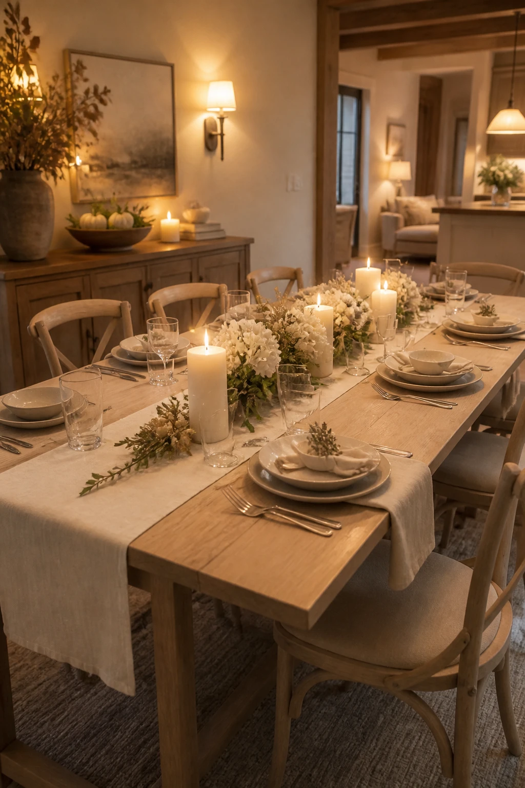 Light wood table with a cream runner, white flowers, ivory pillar candles, neutral place settings, and soft upholstered chairs