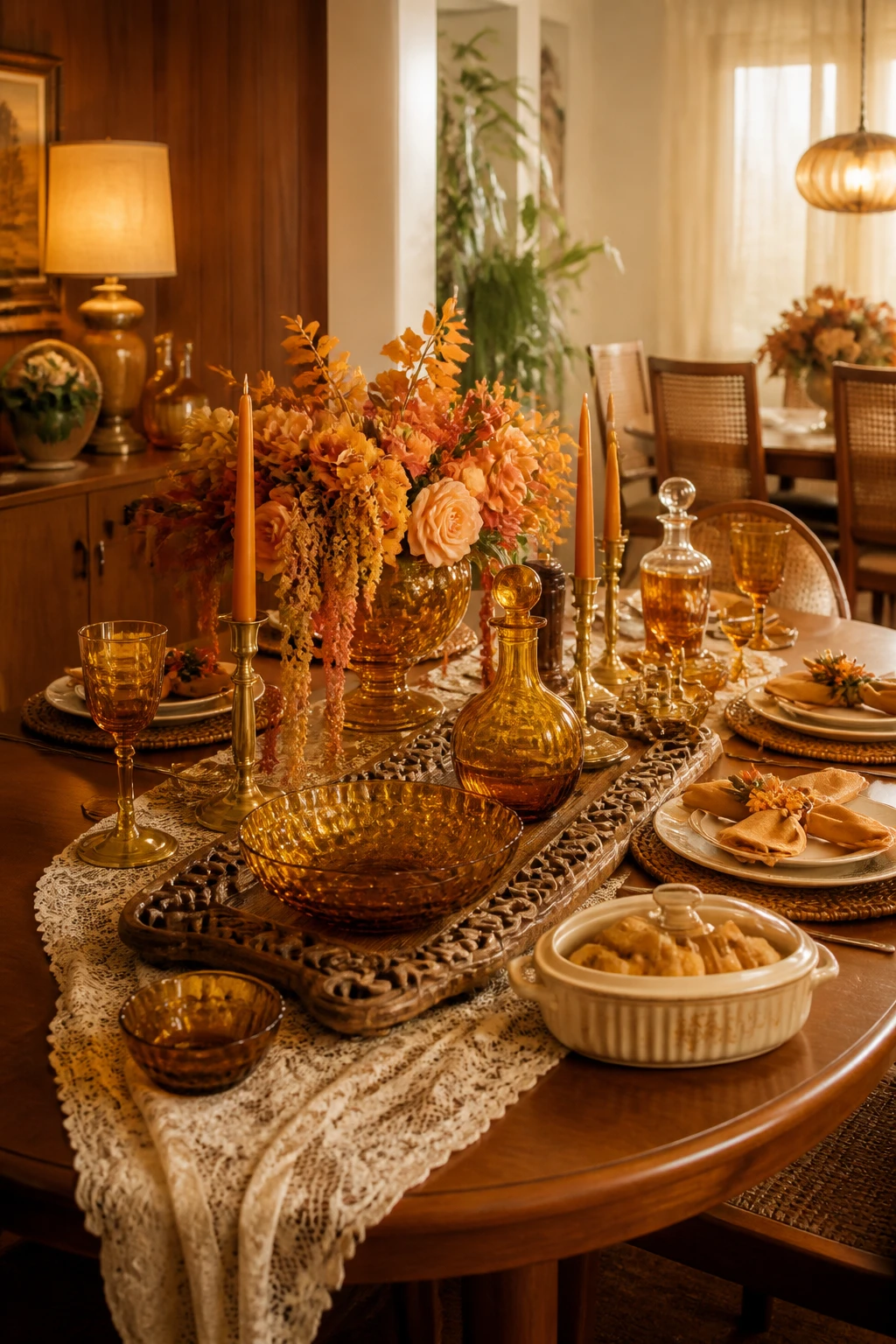 Vintage-style dining table with amber glassware, orange flowers, a lace runner, a decorative tray, and cream dishes