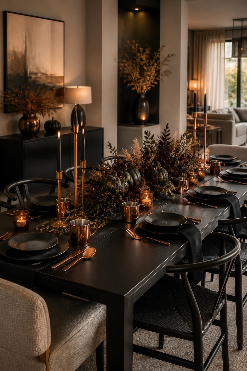 Modern black dining table with black dishes, copper-toned flatware and candleholders, dark foliage, and warm votive lights