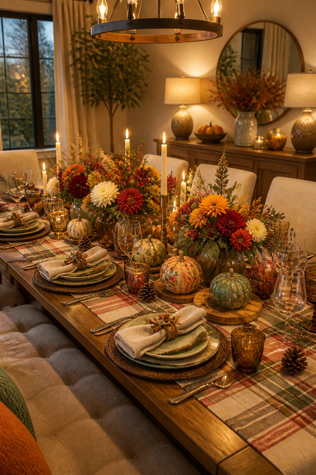 Thanksgiving table with a plaid runner, orange and yellow flowers, mixed pumpkins, amber glasses, and layered cream and green dishes