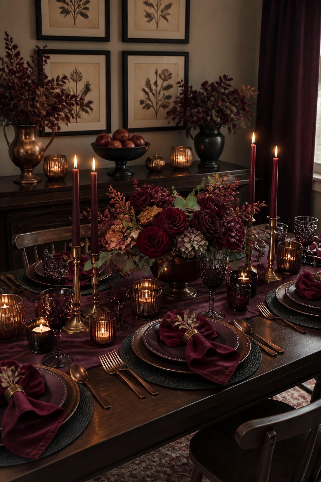 Dark wood table with burgundy napkins and plates, deep red and purple flowers, brass-toned candleholders, and amber votives