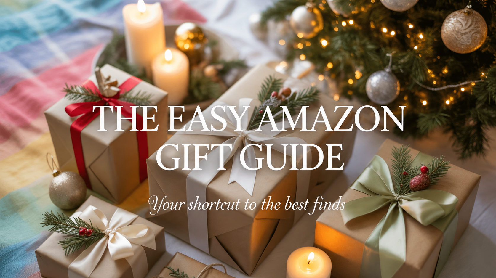 Holiday gift scene with wrapped presents, candles, and Christmas tree lights for The Easy Amazon Gift Guide