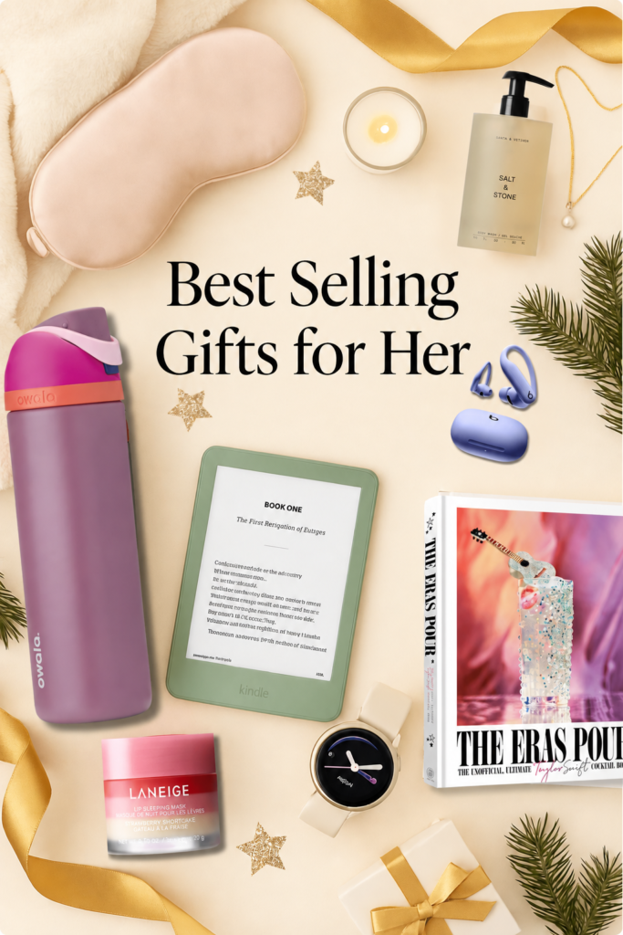 Best selling holiday gift ideas for her arranged on a soft neutral background