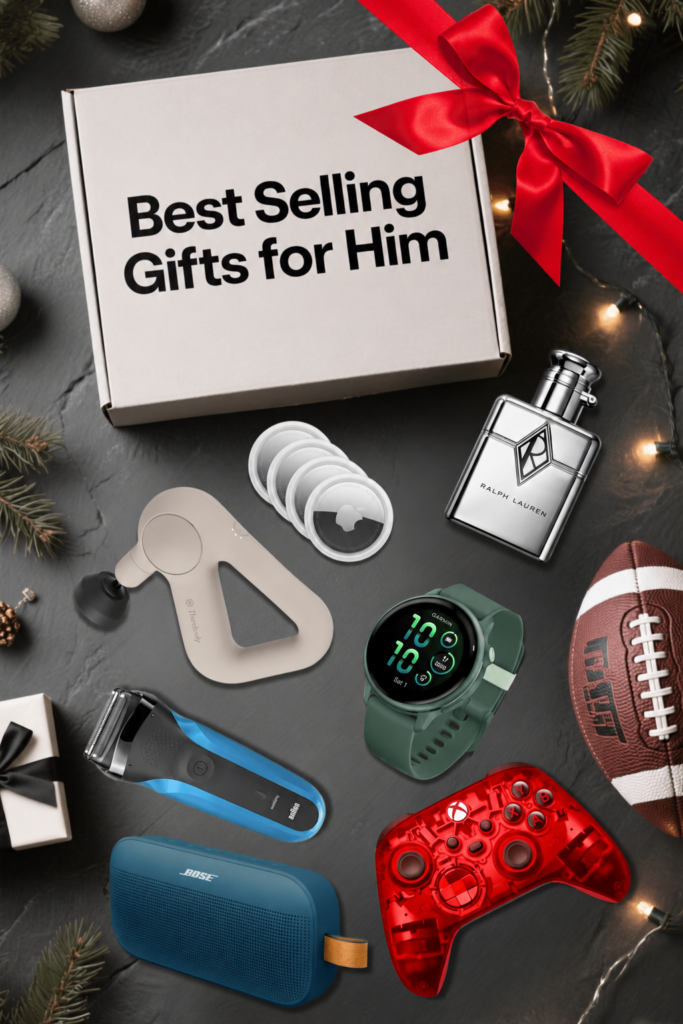 Best selling holiday gift ideas for him arranged on a dark festive background