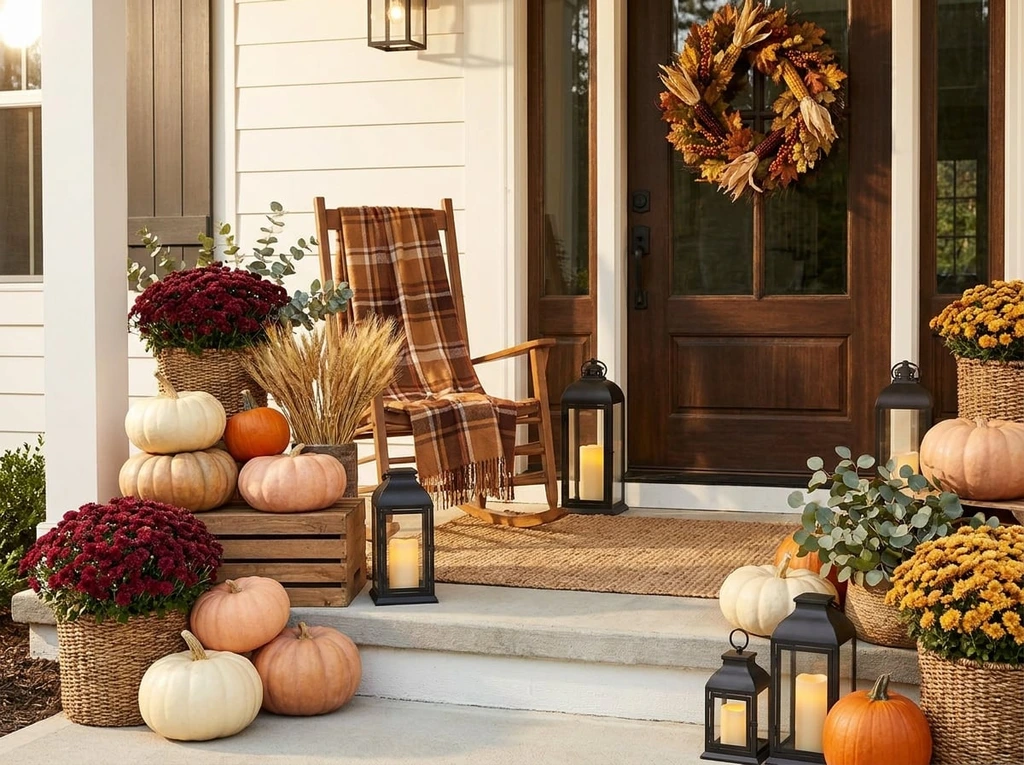 Thanksgiving front porch decorating ideas with pumpkins, fall mums, lanterns, rustic wreath, greenery, and warm harvest porch decor