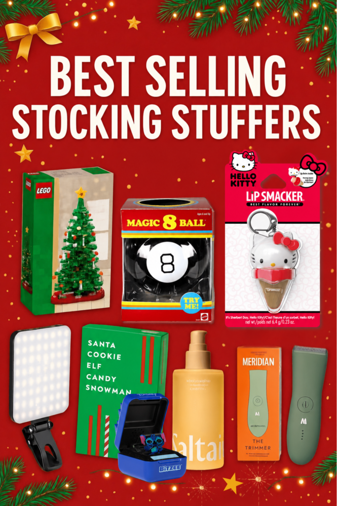 Best selling holiday stocking stuffer ideas arranged on a festive red background