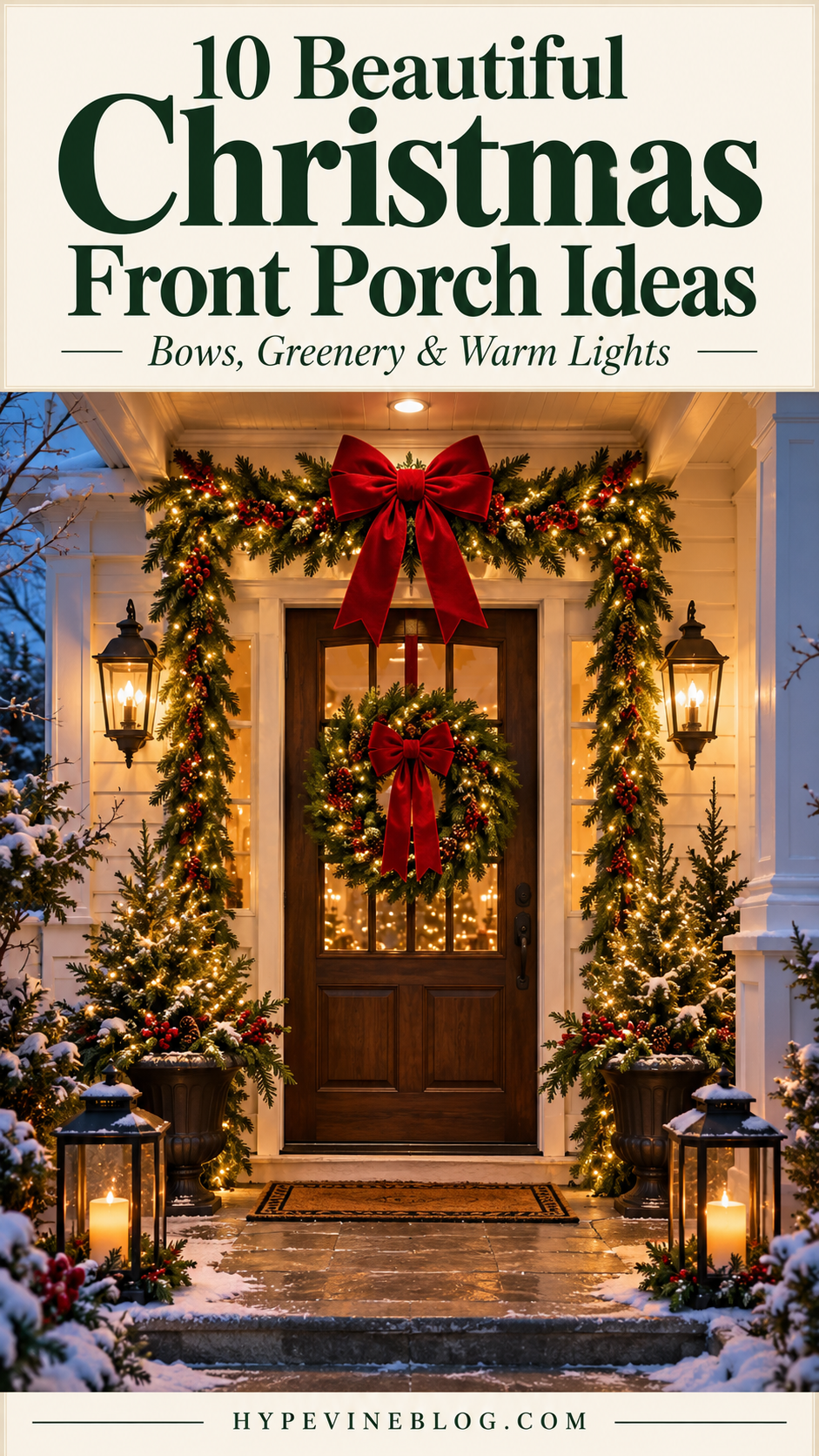 Christmas porch with red bows, illuminated evergreen garland, potted trees, and lanterns. Text reads &ldquo;10 Beautiful Christmas Front Porch Ideas&rdquo; and &ldquo;Bows, Greenery &amp; Warm Lights,&rdquo; with HypeVineBlog.com below.