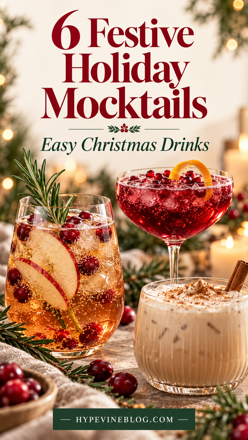 Pinterest pin showing cranberry apple fizz, pomegranate spritz and creamy chai with the headline 6 Festive Holiday Mocktails and Easy Christmas Drinks.