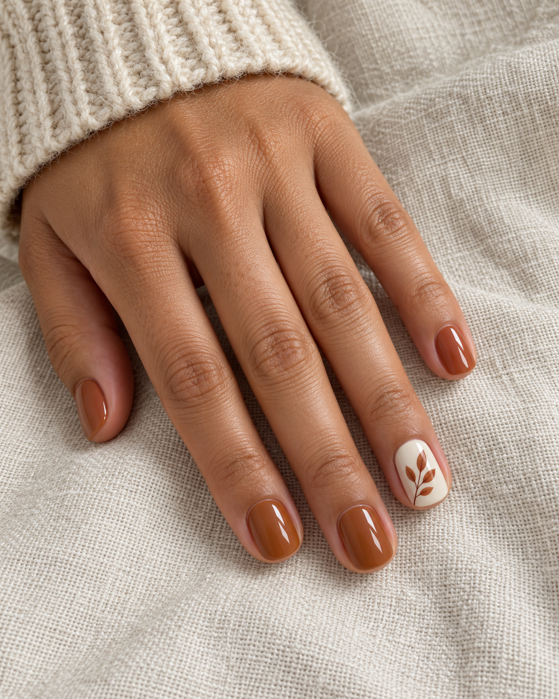 Glossy caramel nails with a rust-colored leafy sprig on one cream accent nail.