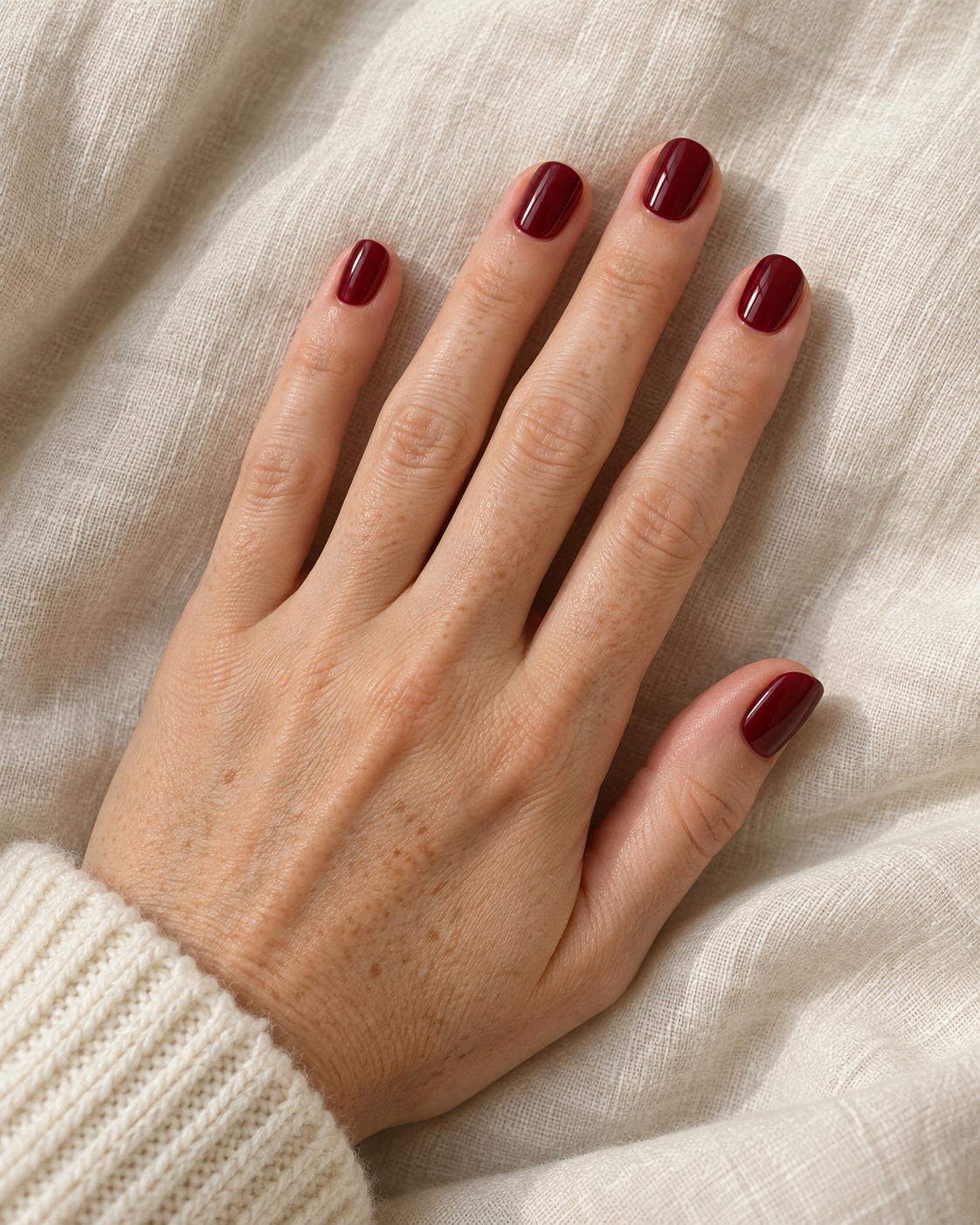 Short rounded nails with glossy burgundy polish on a hand resting on cream fabric.