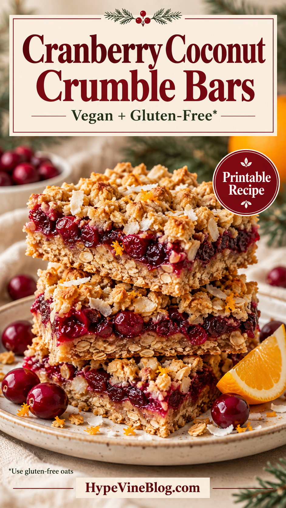 Stacked cranberry coconut crumble bars with golden oat topping, cranberries, and an orange wedge. Text reads Cranberry Coconut Crumble Bars, Vegan + Gluten-Free, Printable Recipe, and Use gluten-free oats.
