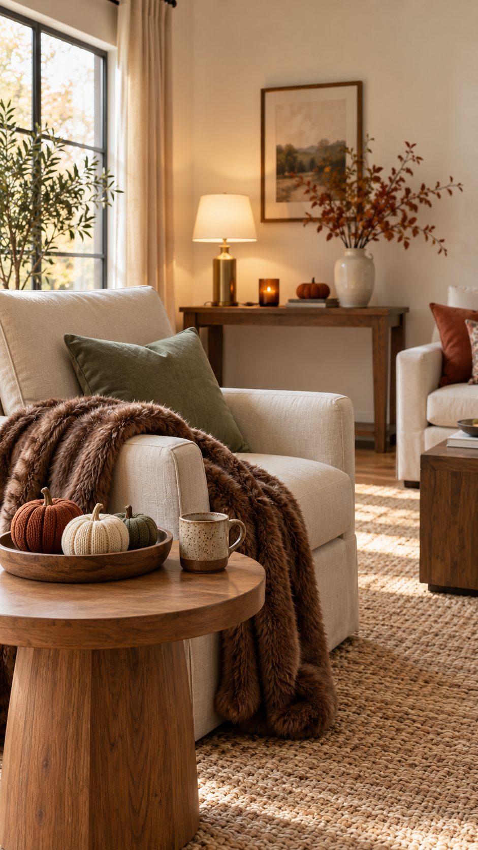 Fall decor styling with a cream armchair, sage cushion, brown faux fur throw, knit pumpkins on a wooden table, and warm brass lamp lighting.