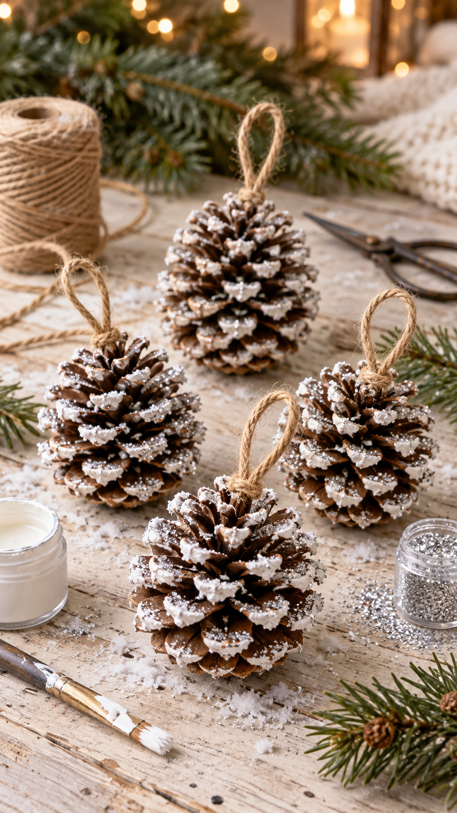 Four pinecone ornaments with snowy white tips, silver glitter, and jute loops on a wooden table with scattered faux snow, glitter, paint, a brush, twine, and scissors.