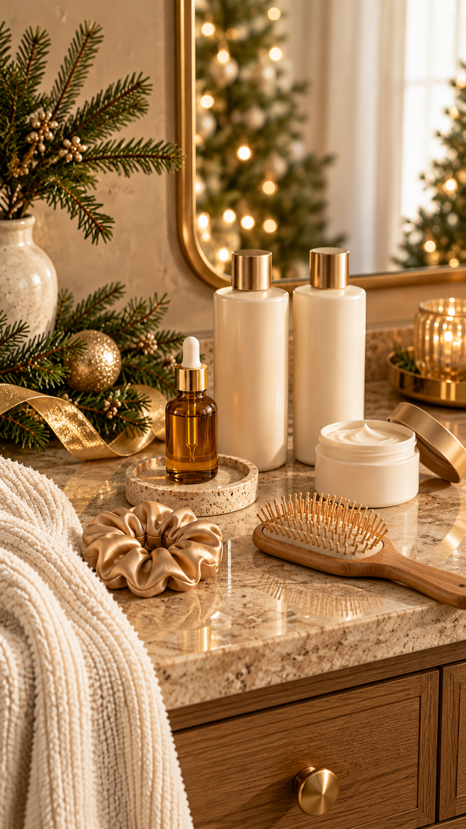 Haircare bottles, a hair mask, wooden brush, and satin scrunchie on a vanity with evergreen and gold accents.