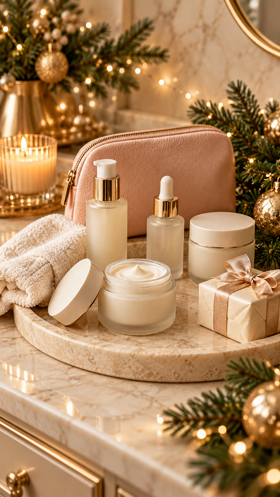 Cream skincare jars and serum bottles on a stone tray with a blush pouch and a ribbon-wrapped gift.