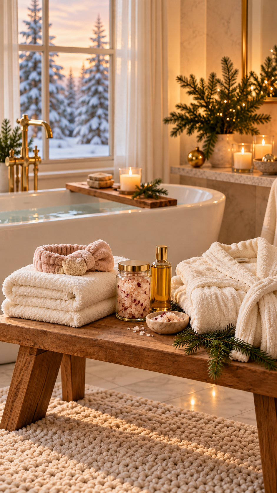 Ivory towels, a robe, blush headband, bath salts, and body oil beside a softly lit bathtub.