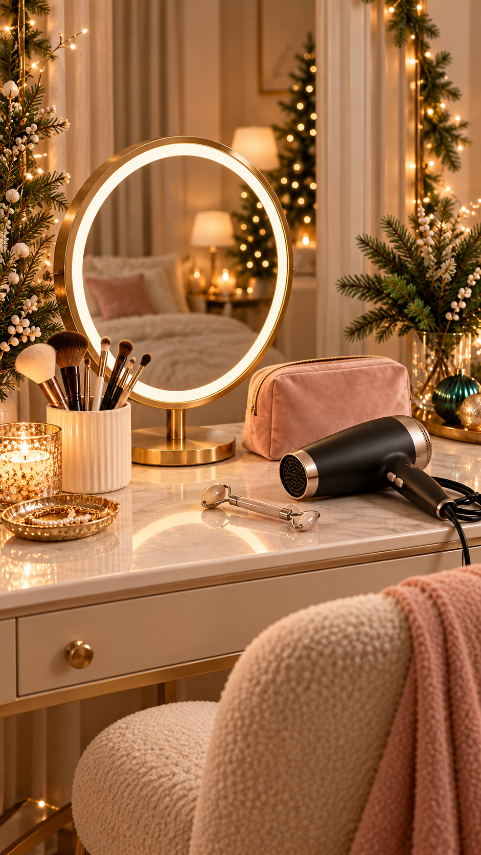 Lighted round vanity mirror, makeup brushes, hair dryer, facial roller, and blush cosmetic pouch with holiday decorations.