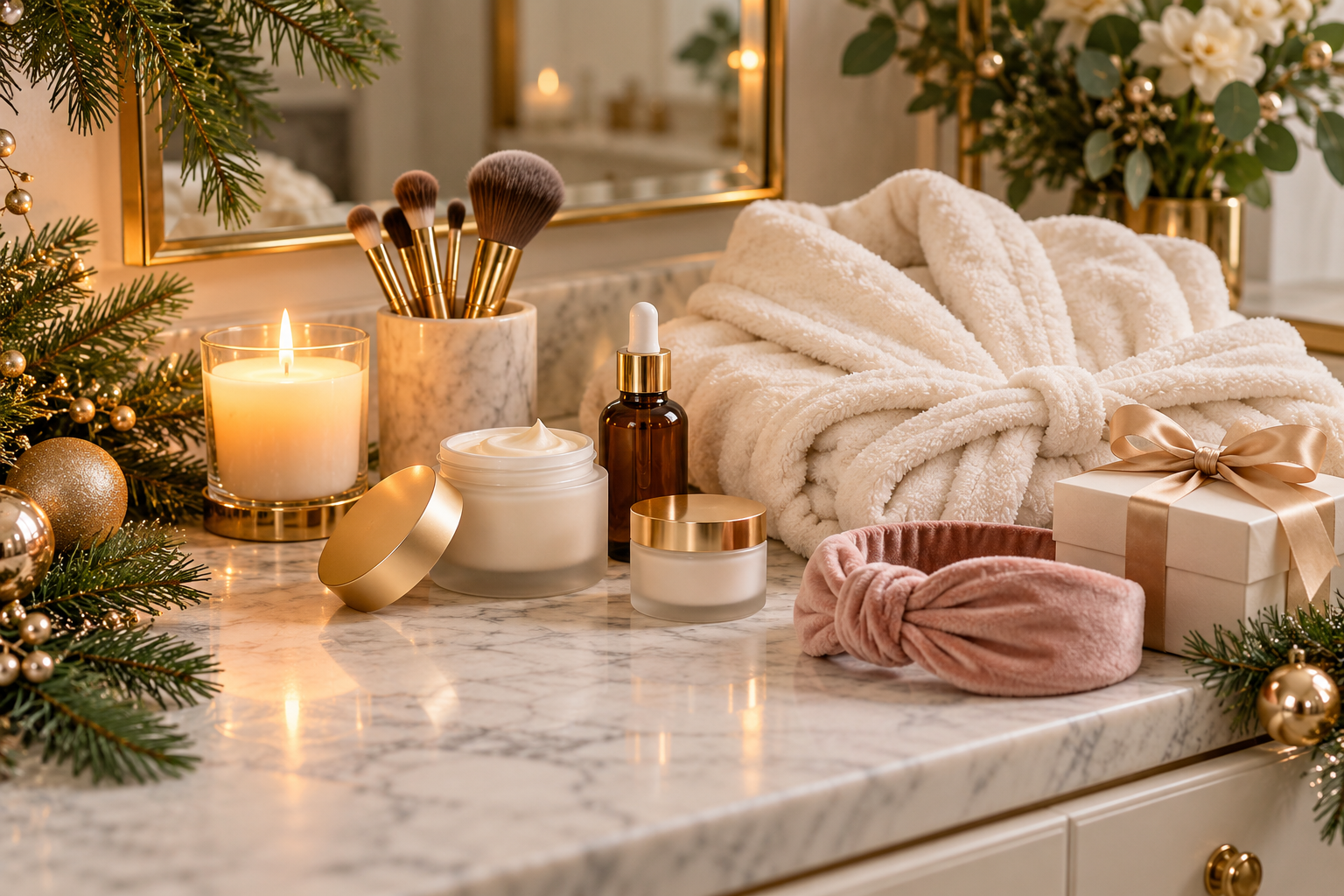 Holiday beauty gifts arranged on a marble vanity with skincare jars, a cream robe, makeup brushes, blush headband, and gold decorations.