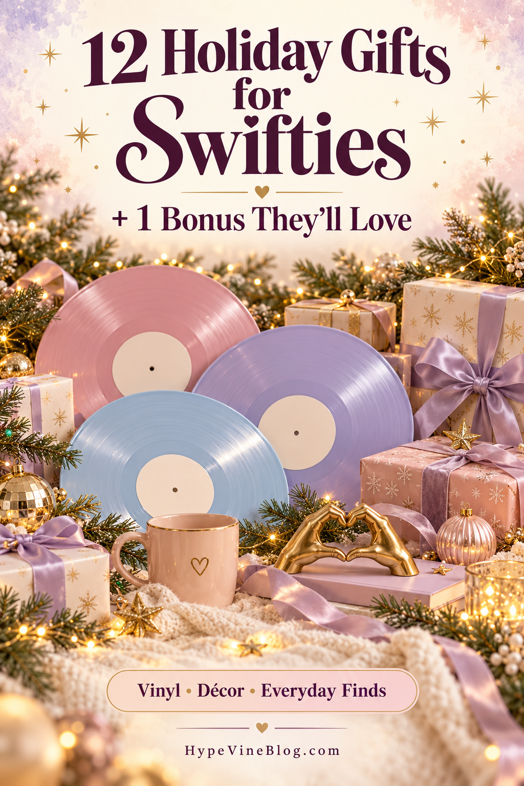 Pastel vinyl records, wrapped Christmas gifts, a blush mug, and a gold heart-hands sculpture. Text reads “12 Holiday Gifts for Swifties + 1 Bonus They’ll Love” and “Vinyl • Décor • Everyday Finds,” with HypeVineBlog.com below.